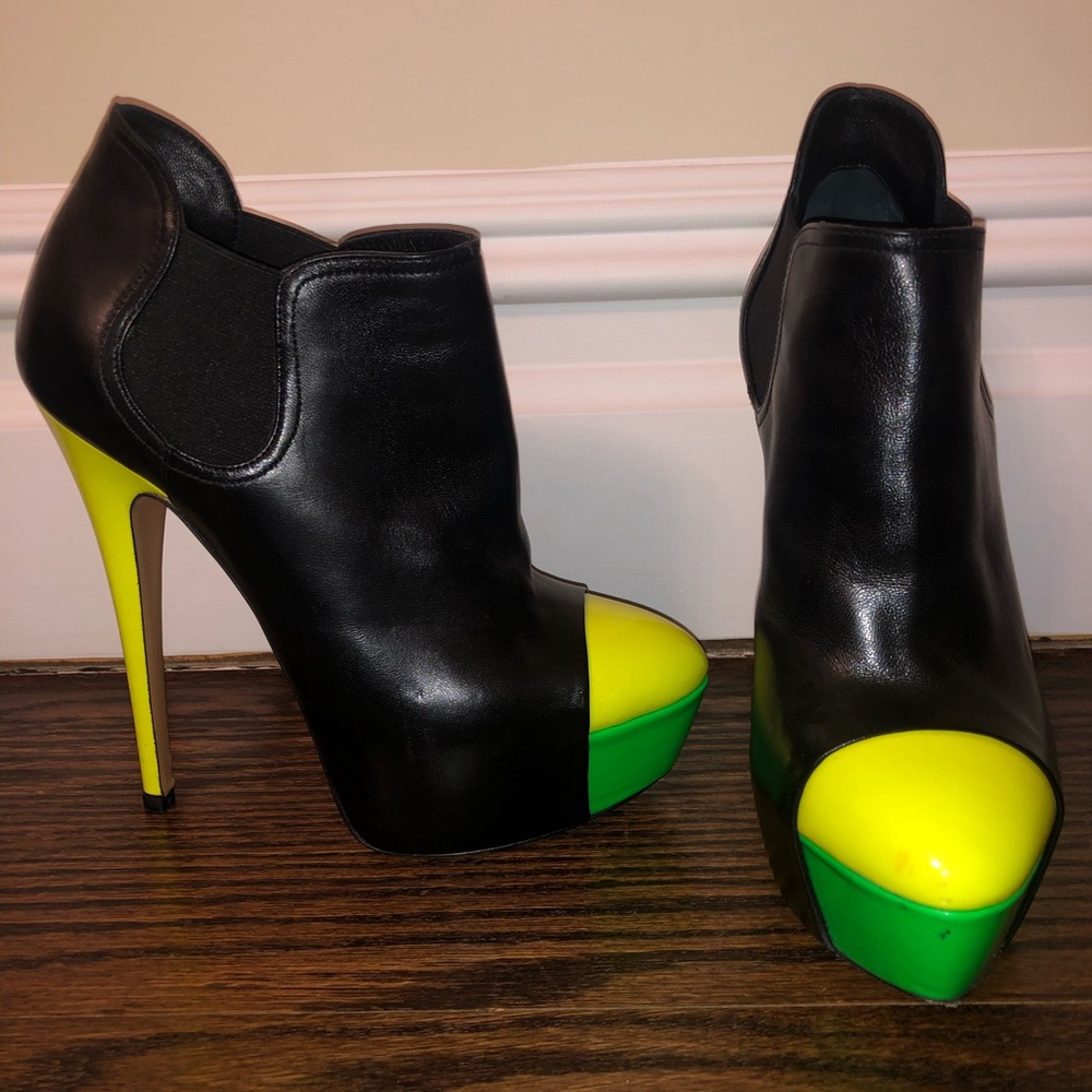 Black. neon yellow, and green heel boot